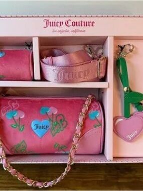 NWT Juicy Couture, Mini, 3Piece, Heritage Pink Cherry Logo Strap & Cosmetic Bag